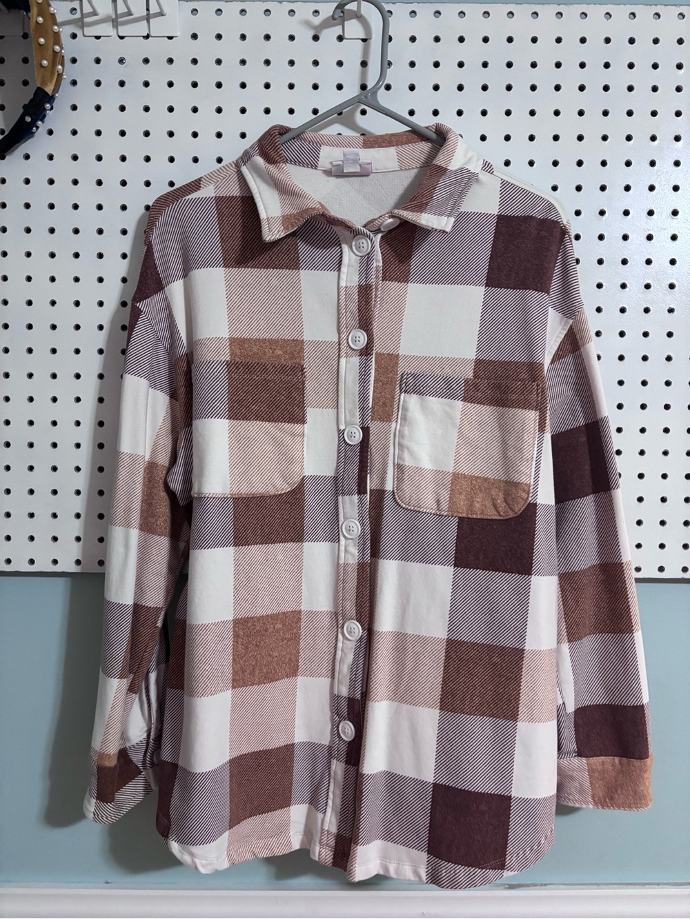 LuLaRoe Cream and Brown Plaid Shirt Jacket